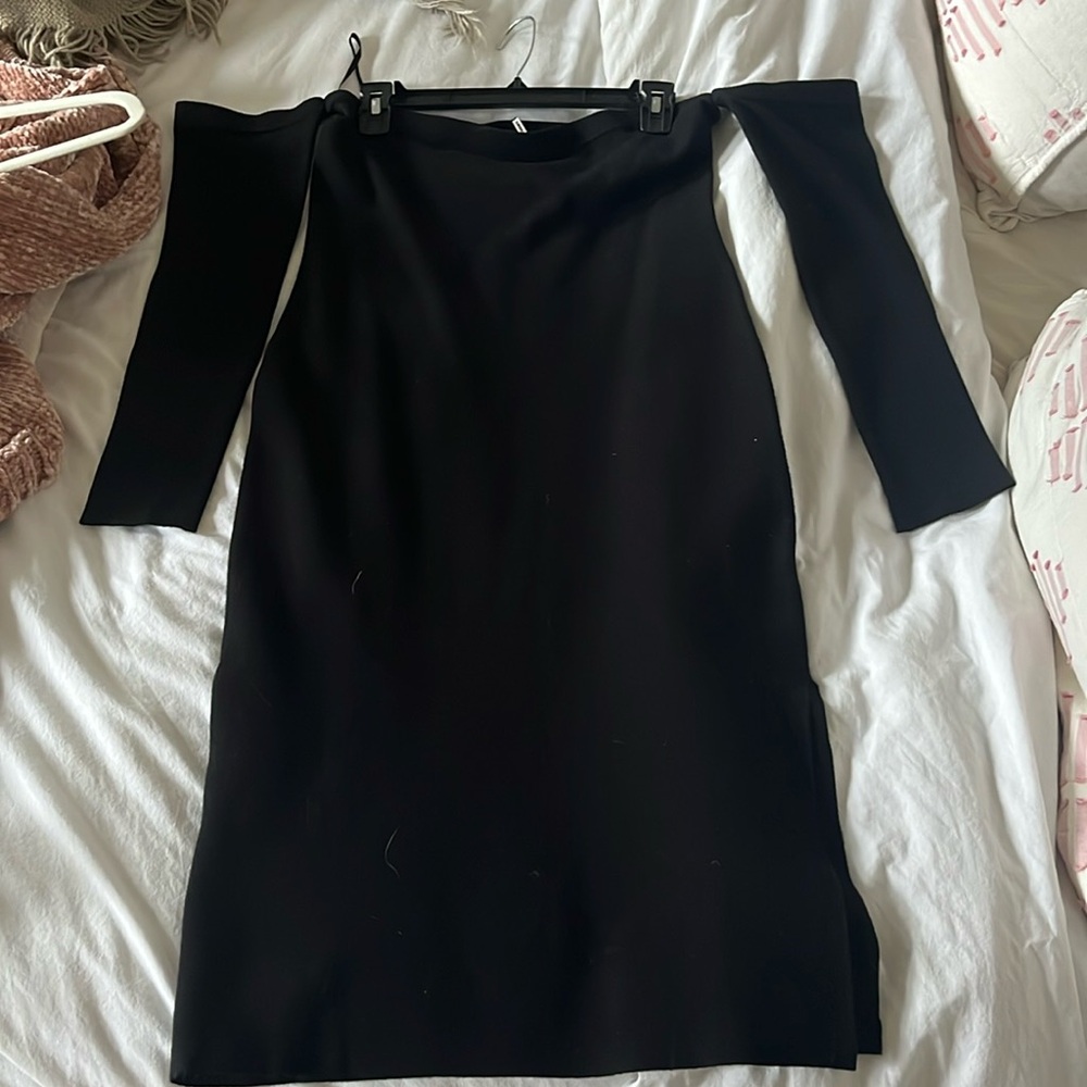 L’agence off shoulder knit black midi dress